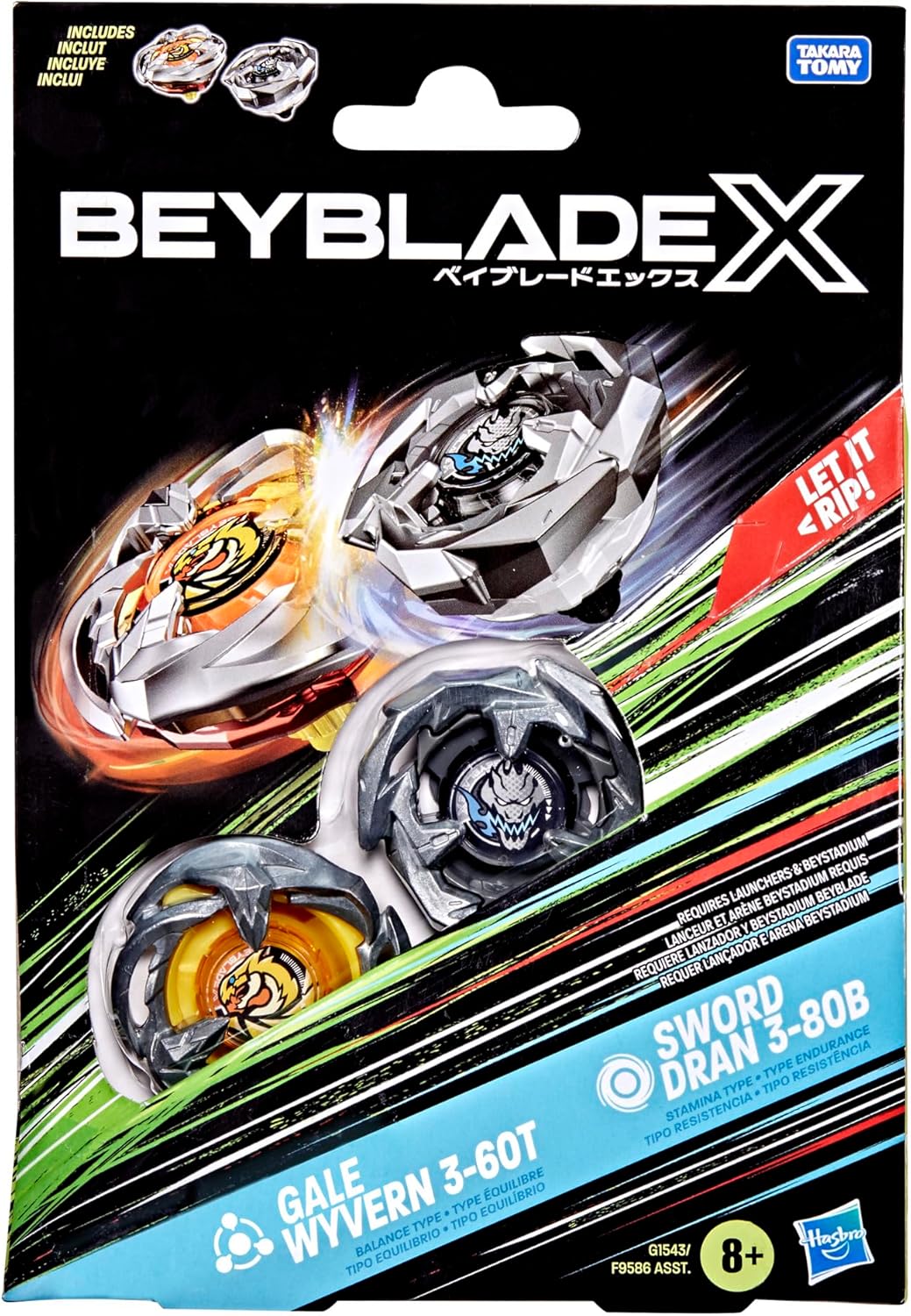 Beyblade X Gale Wyvern 3-60T y Sword Dran 3-80B Paquete Doble